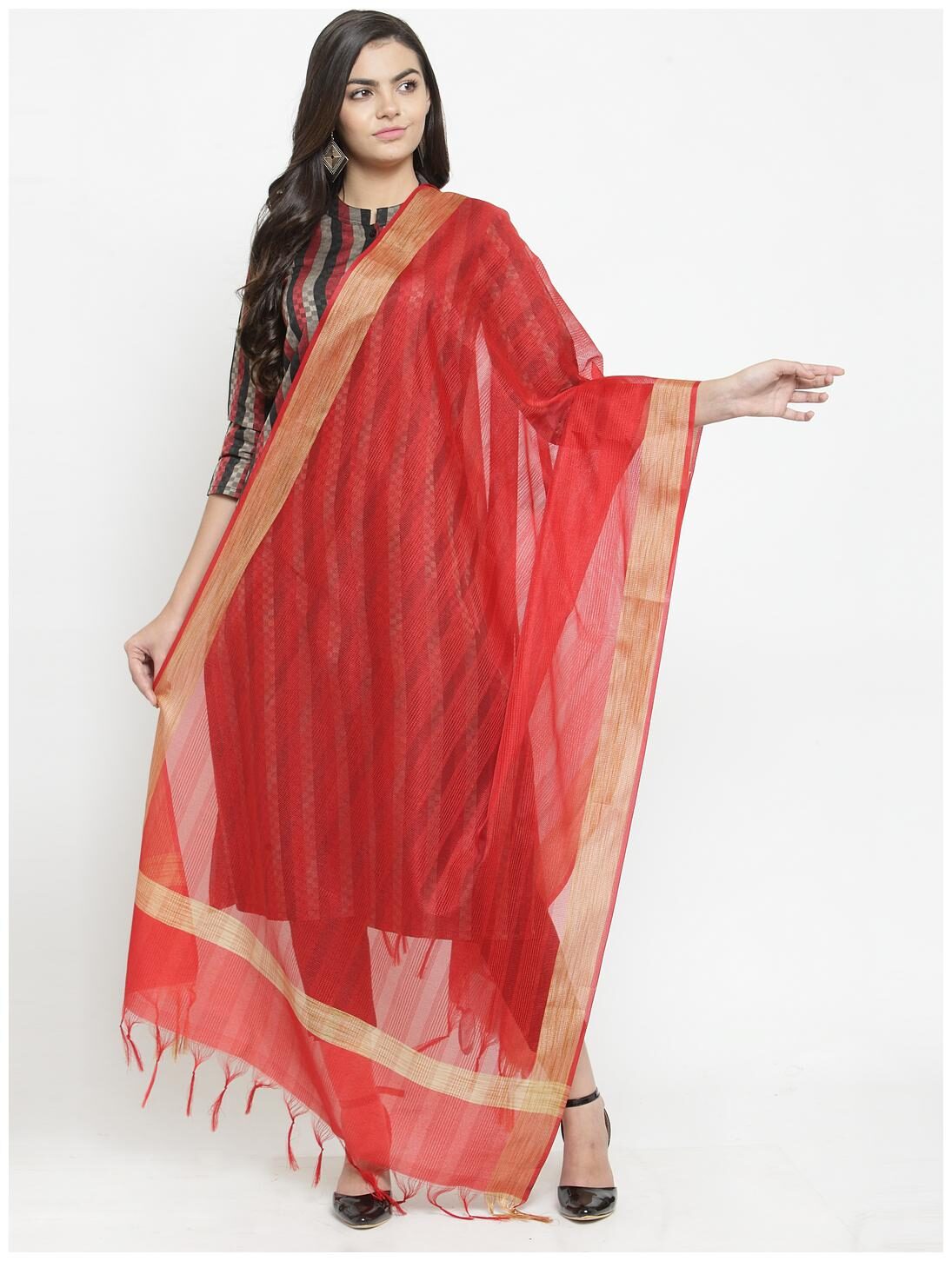 

KIAASA Blended Striped Red Dupatta