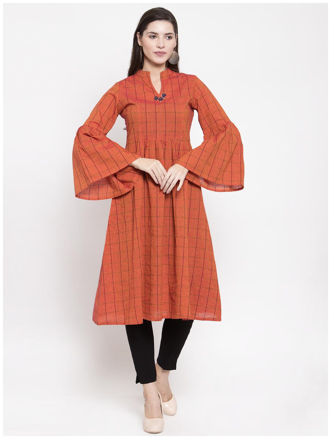 

KIAASA Women Orange Checkered Straight Kurta