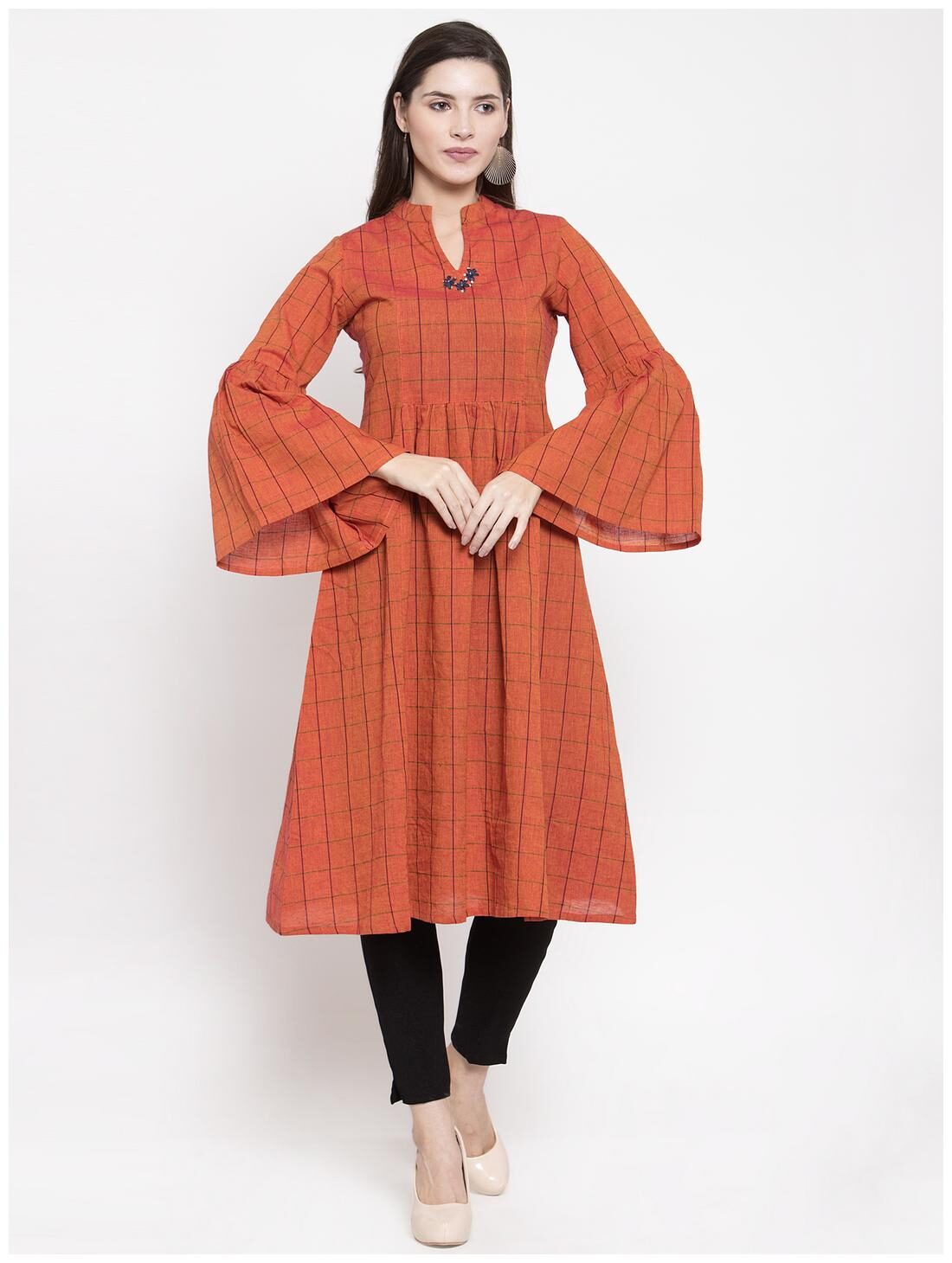 

KIAASA Women Orange Checkered Straight Kurta