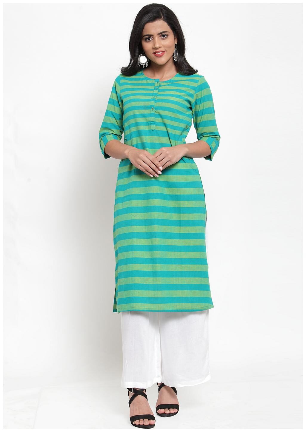 

KIAASA Women Green Striped Straight Kurta
