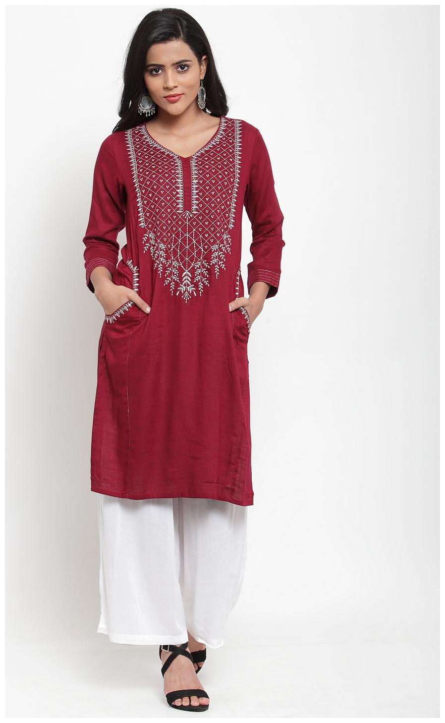 

KIAASA Rayon Embroidery Maroon Kurta With Palazzo