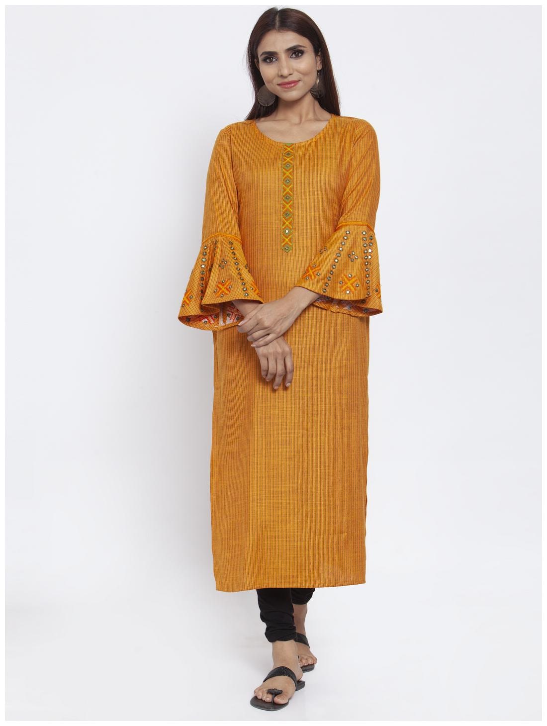 

KIAASA Women Yellow Embroidered Straight Kurta