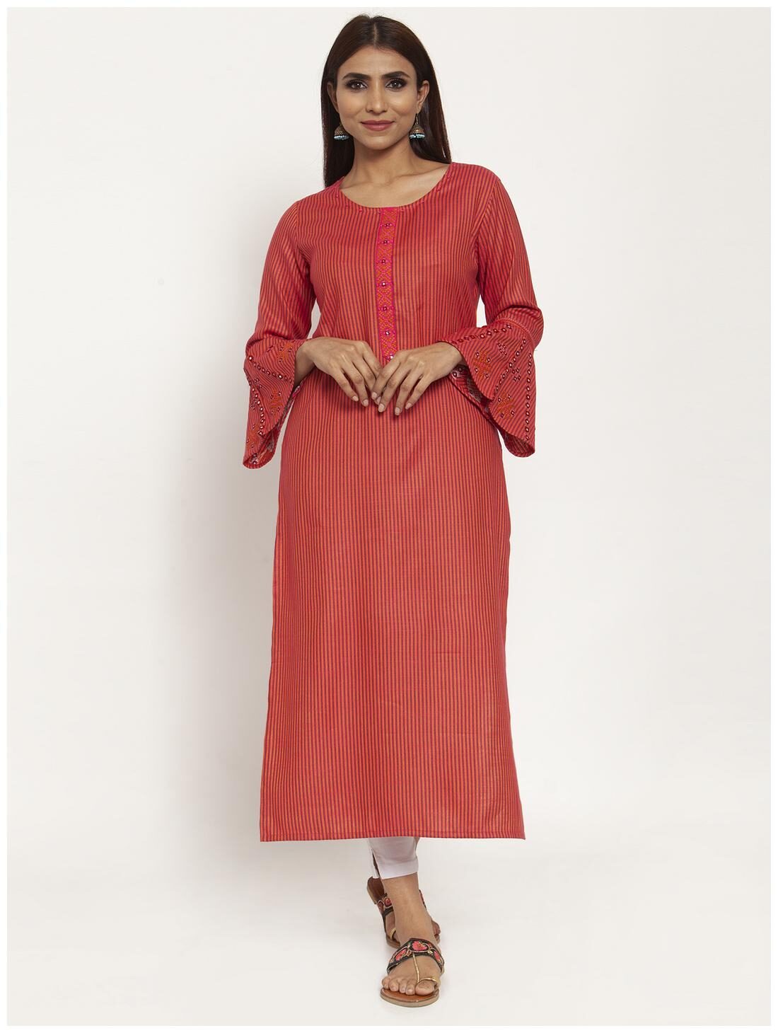 

KIAASA Women Red Striped Straight Kurta