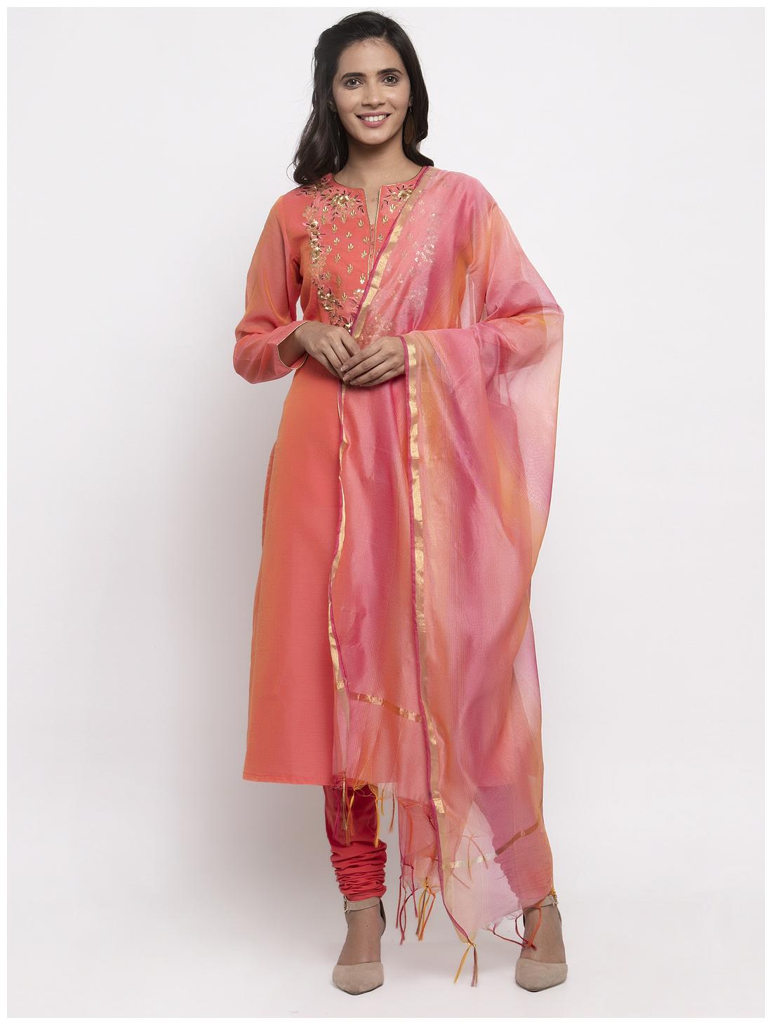 

KIAASA Viscose Rayon Peach Embroidered Kurta and Pants with Dupatta For Women