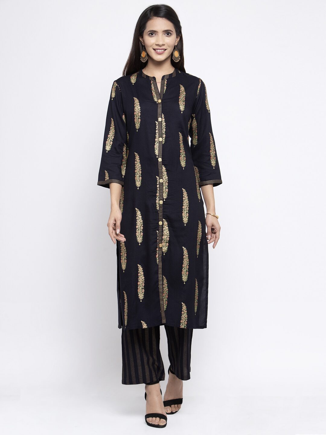 

Kiaasa Women Viscose Rayon Foil Print Navy Blue Kurta with Palazzo