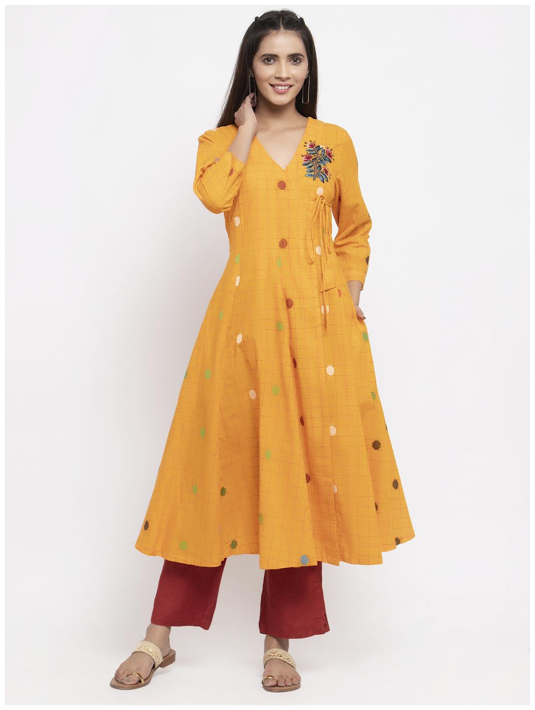 

KIAASA Women Cotton Embroidered Yellow Kurta