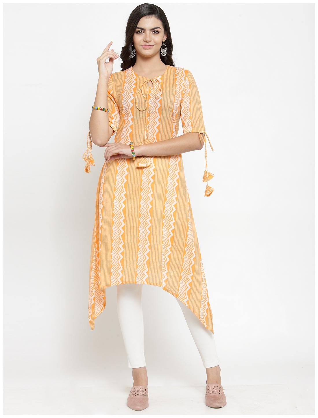 

KIAASA Women Orange Striped Straight Kurta