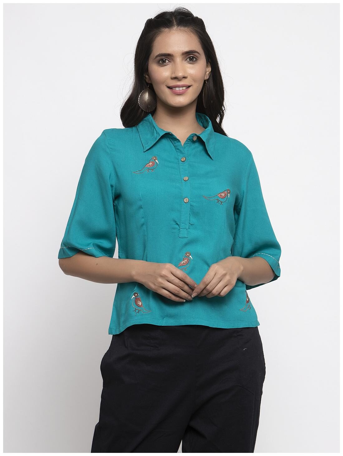 

Kiaasa Women Turquoise Rayon Embroidered Top