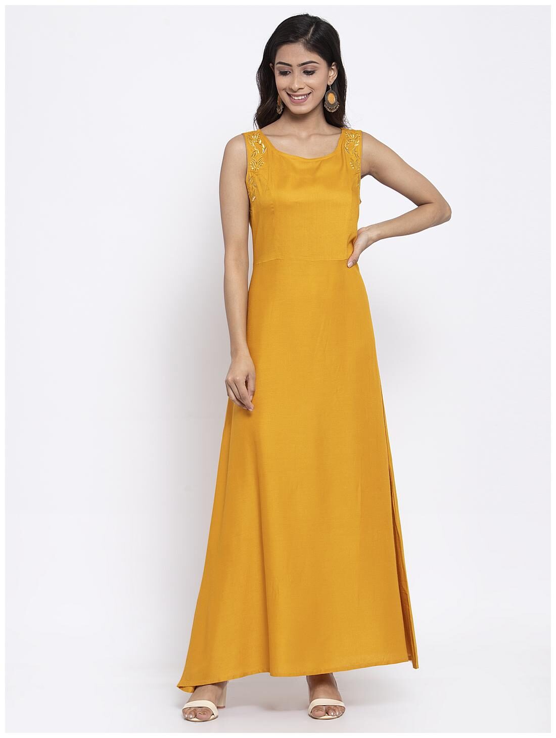 

Kiaasa Women Mustard Viscose Rayon Embroidered Dress