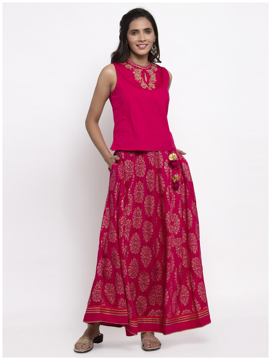 

Kiaasa Women Pink Embroidered Top with Foil Printed Skirt Set