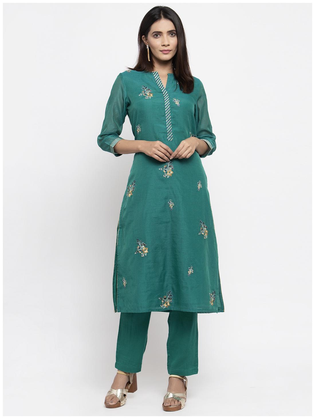 

Kiaasa Women Green Viscose Rayon Embroidered Kurta And Pants