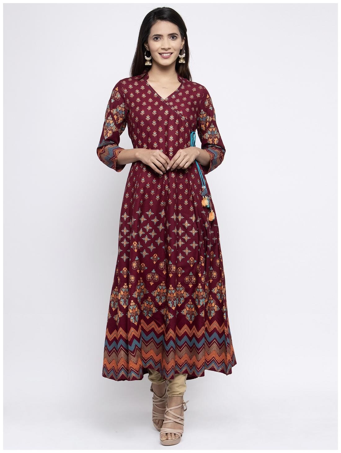 

KIAASA Women Maroon Floral Angrakha Kurta