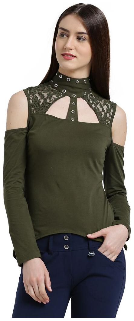 

Texco Women Olive green Embellished Asymmetric Top