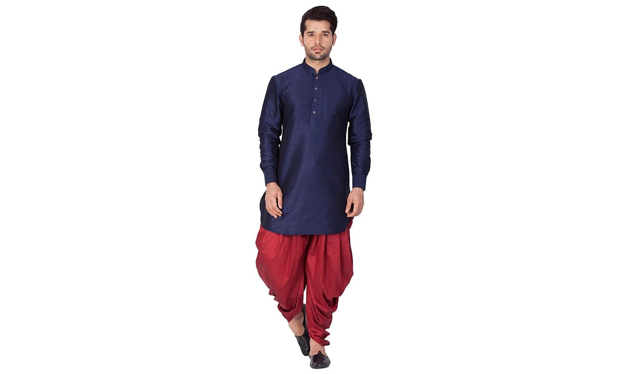 

Kings Maker Dupion Silk Solid Navy Blue Kurta Dhoti Pants For Men