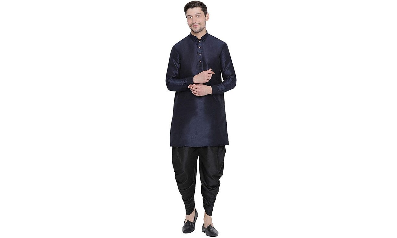 

Kings Maker Dupion Silk Solid Navy Blue Kurta Dhoti Pants For Men