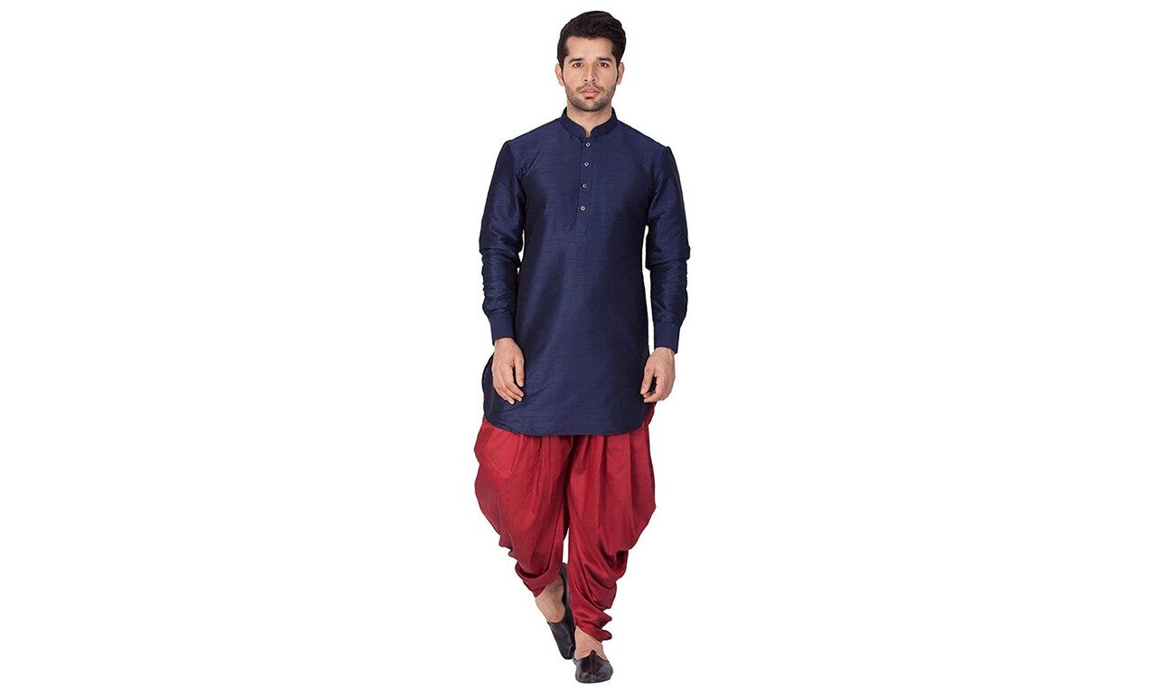 

Kings Maker Dupion Silk Solid Navy Blue Kurta Dhoti Pants For Men
