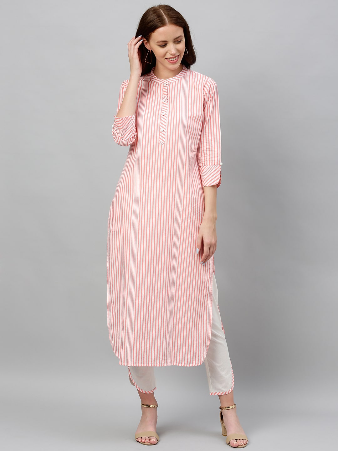 

KIPEK Women Peach White Striped Straight Kurta With Pants