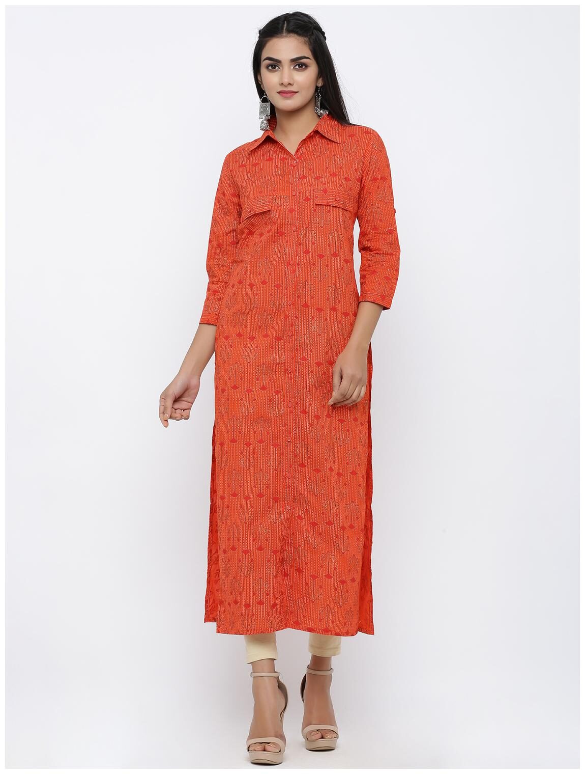 

KIPEK Women Orange Printed Straight Kurta
