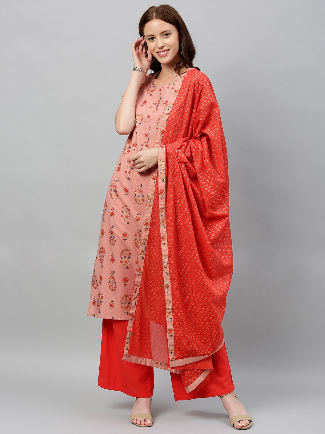 

KIPEK Women Peach Floral Straight Kurta With Palazzo And Dupatta