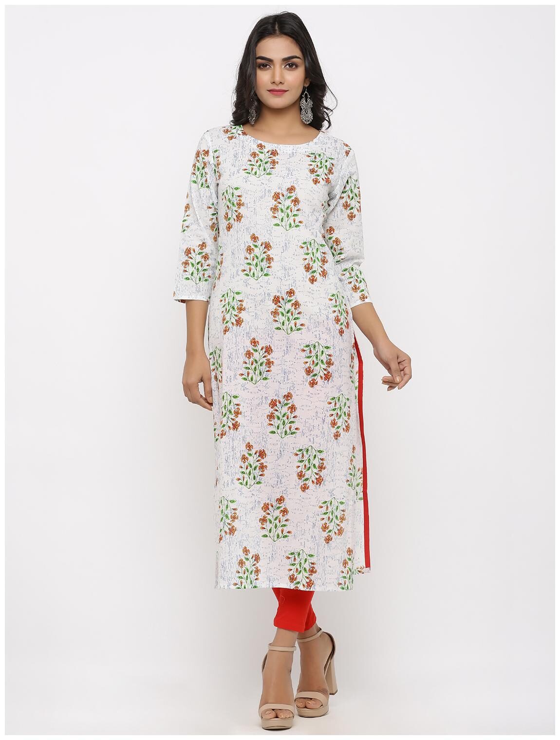 

KIPEK Women White Red Floral Straight Kurta
