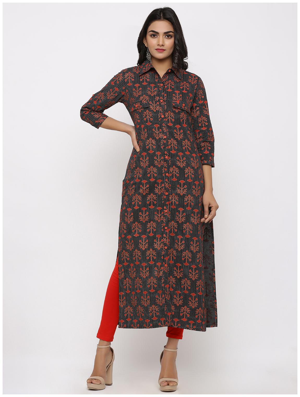 

KIPEK Women Black Printed Straight Kurta