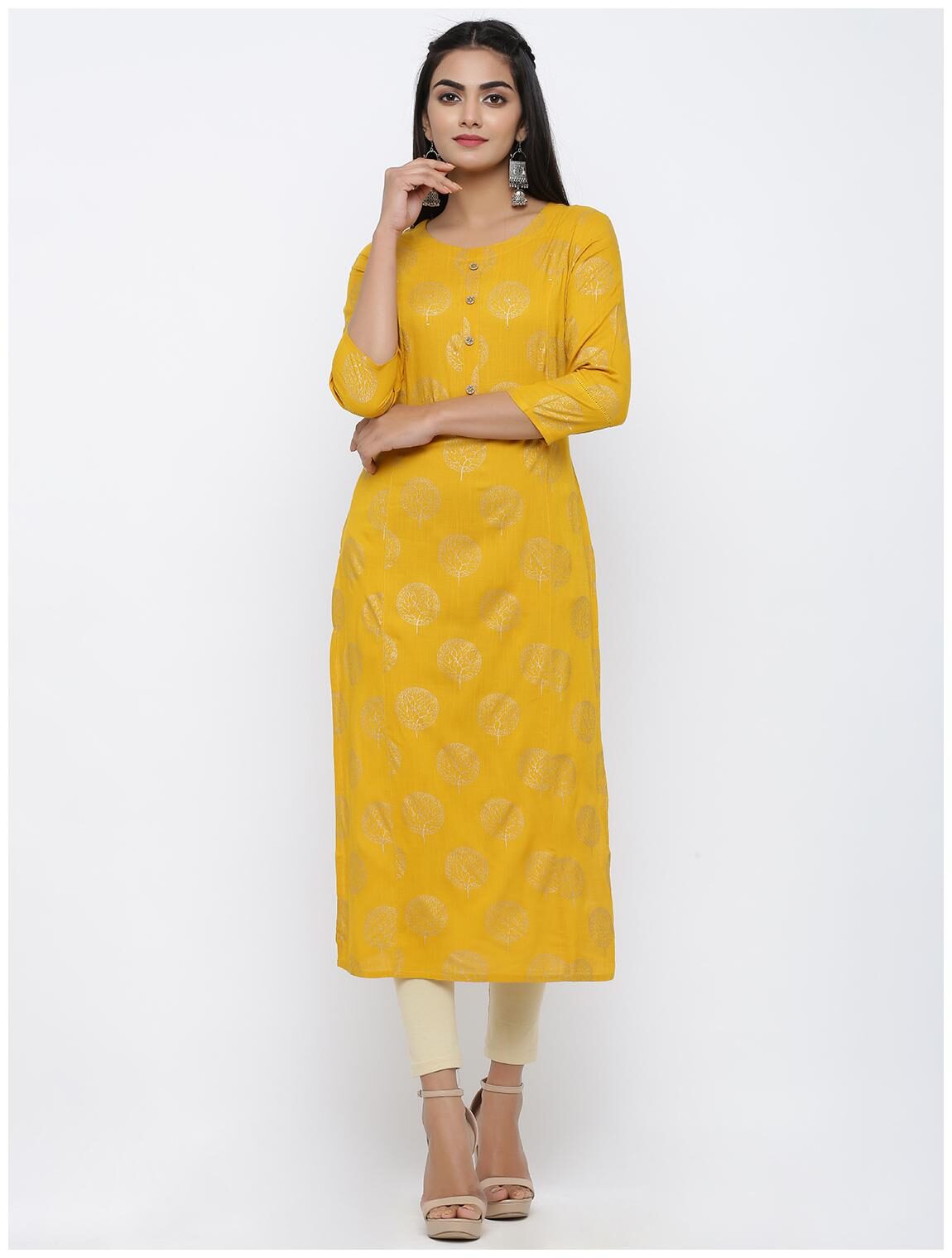 

KIPEK Women Mustard Printed Straight Kurta
