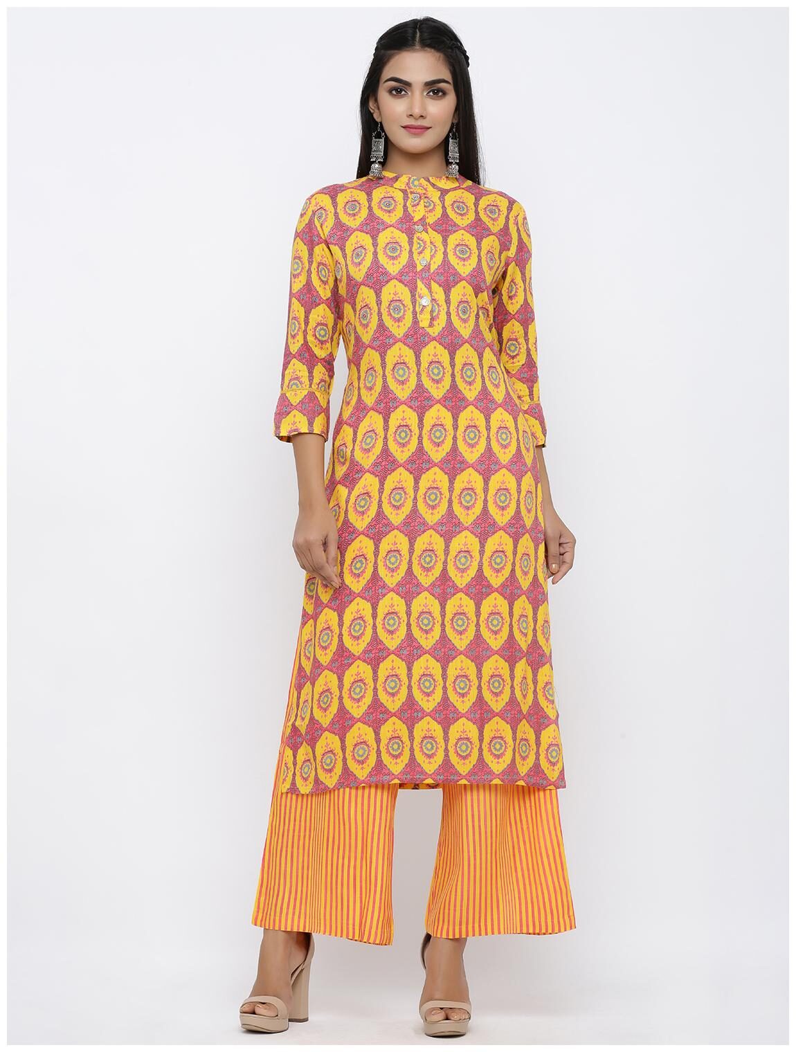 

KIPEK Women Yellow Printed Straight Kurta With Palazzo