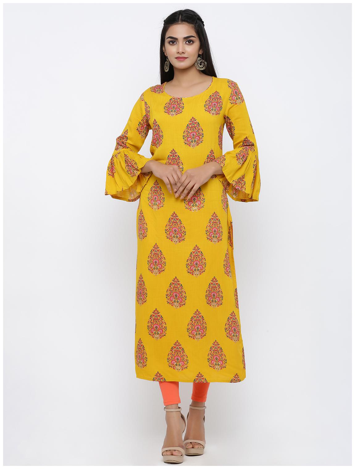 

KIPEK Women Mustard Printed Straight Kurta