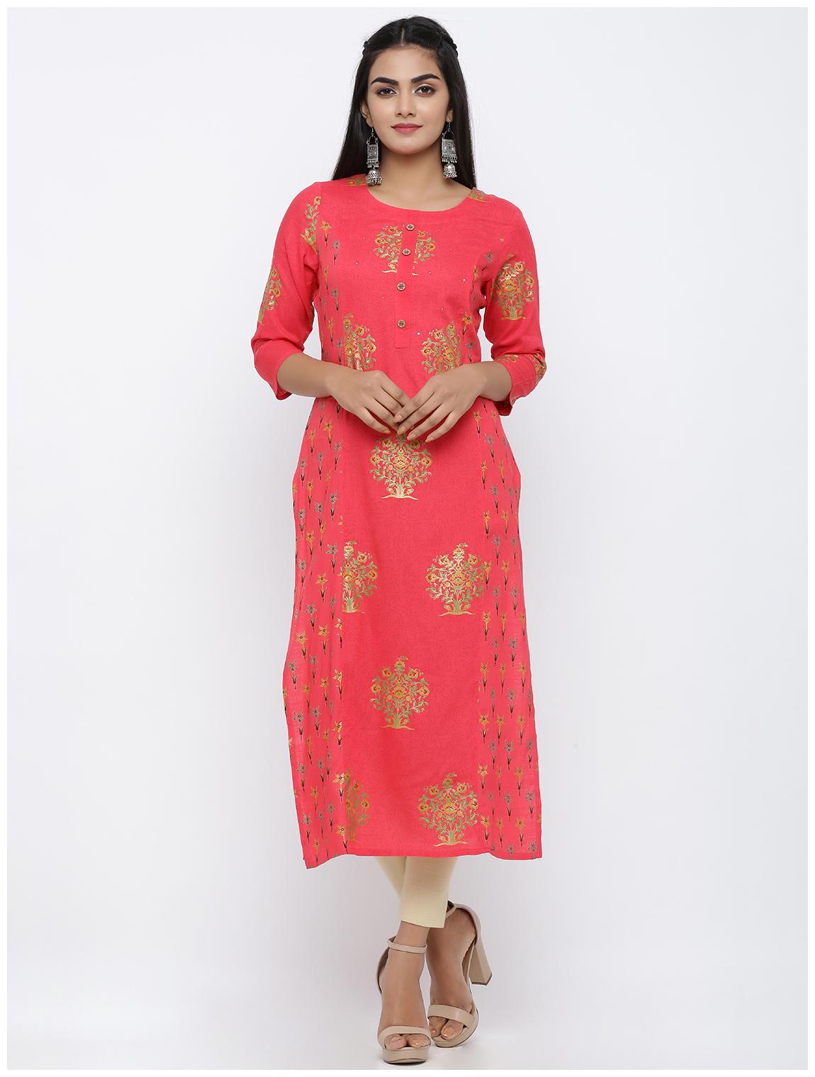 

KIPEK Women Pink Floral Straight Kurta