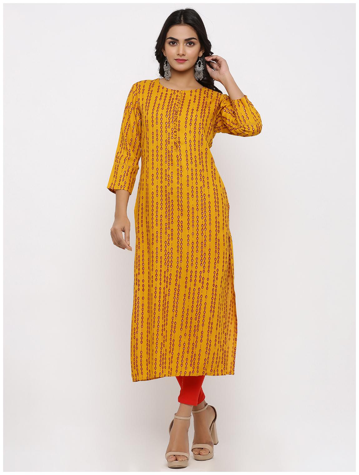 

KIPEK Women Mustard Printed Straight Kurta