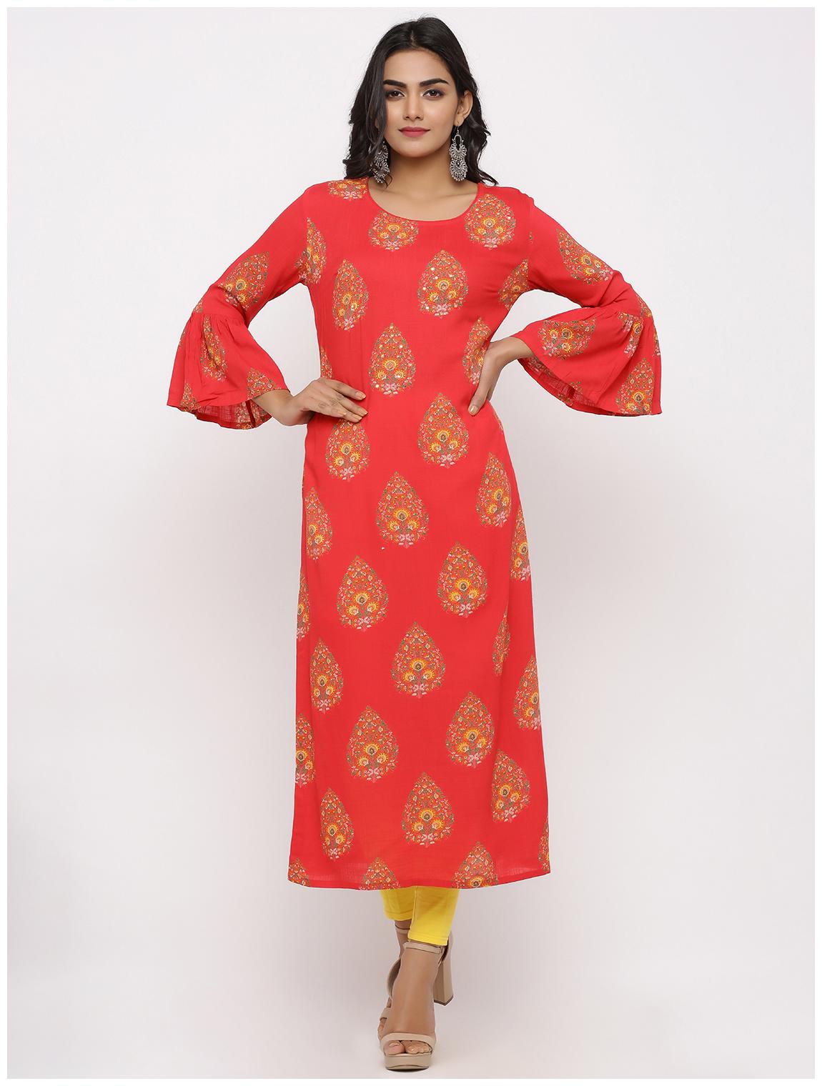 

KIPEK Women Peach Printed Straight Kurta
