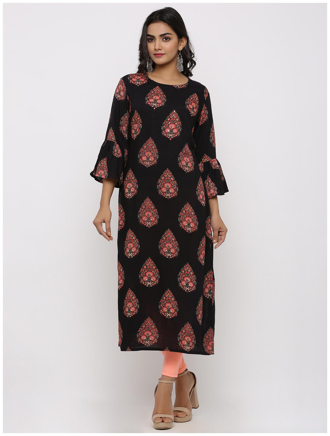 

KIPEK Women Black Floral Straight Kurta