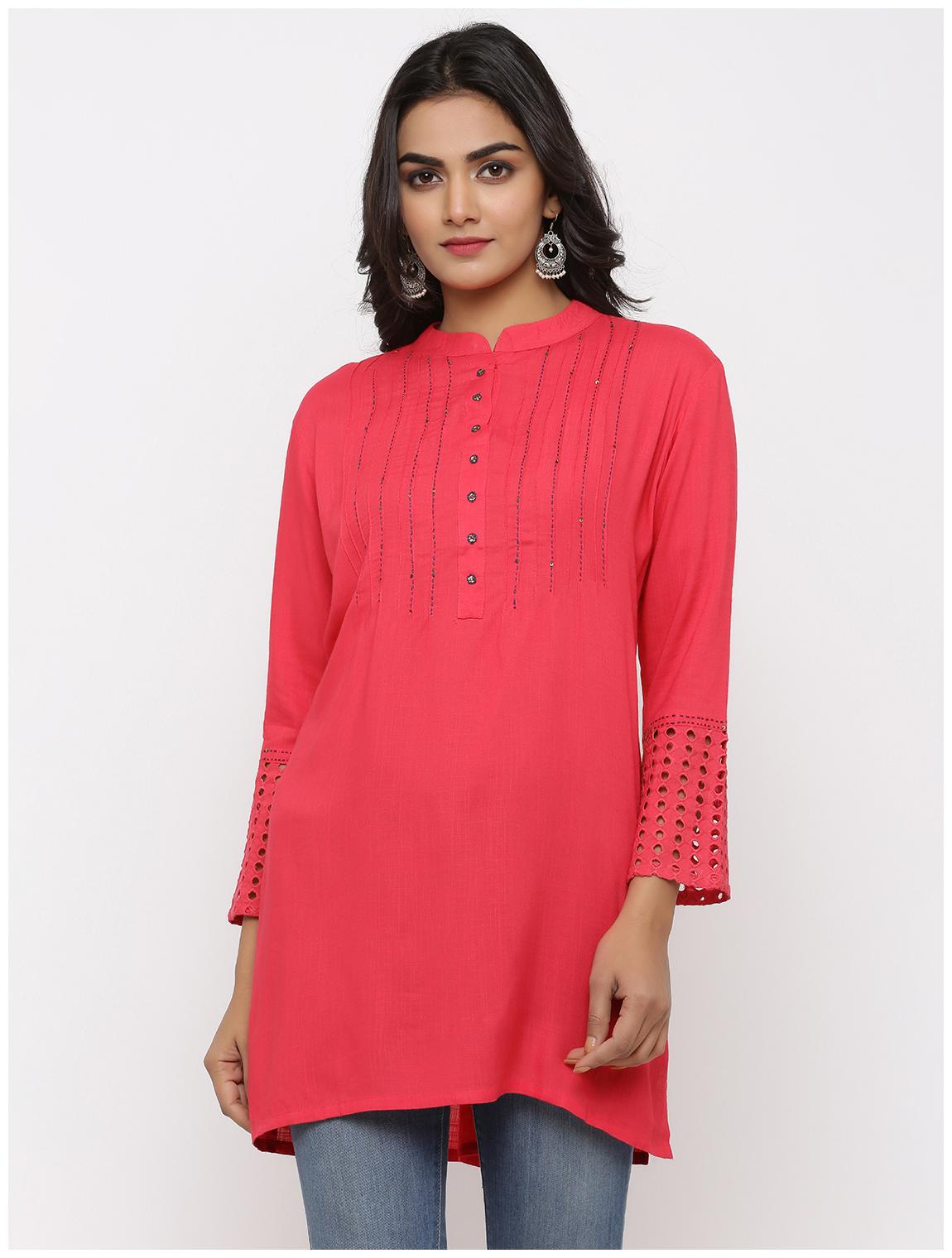 

KIPEK Women Peach Embroidered Straight Kurti