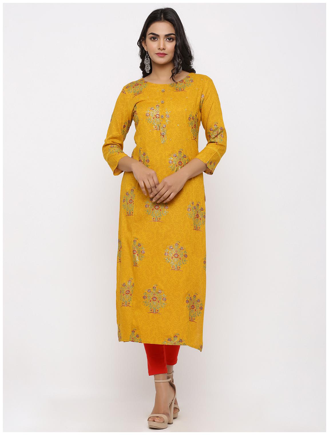 

KIPEK Women Mustard Floral Straight Kurta