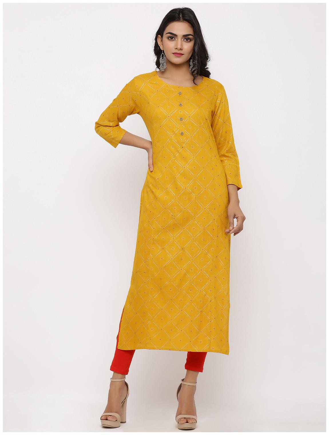 

KIPEK Women Mustard Printed Straight Kurta