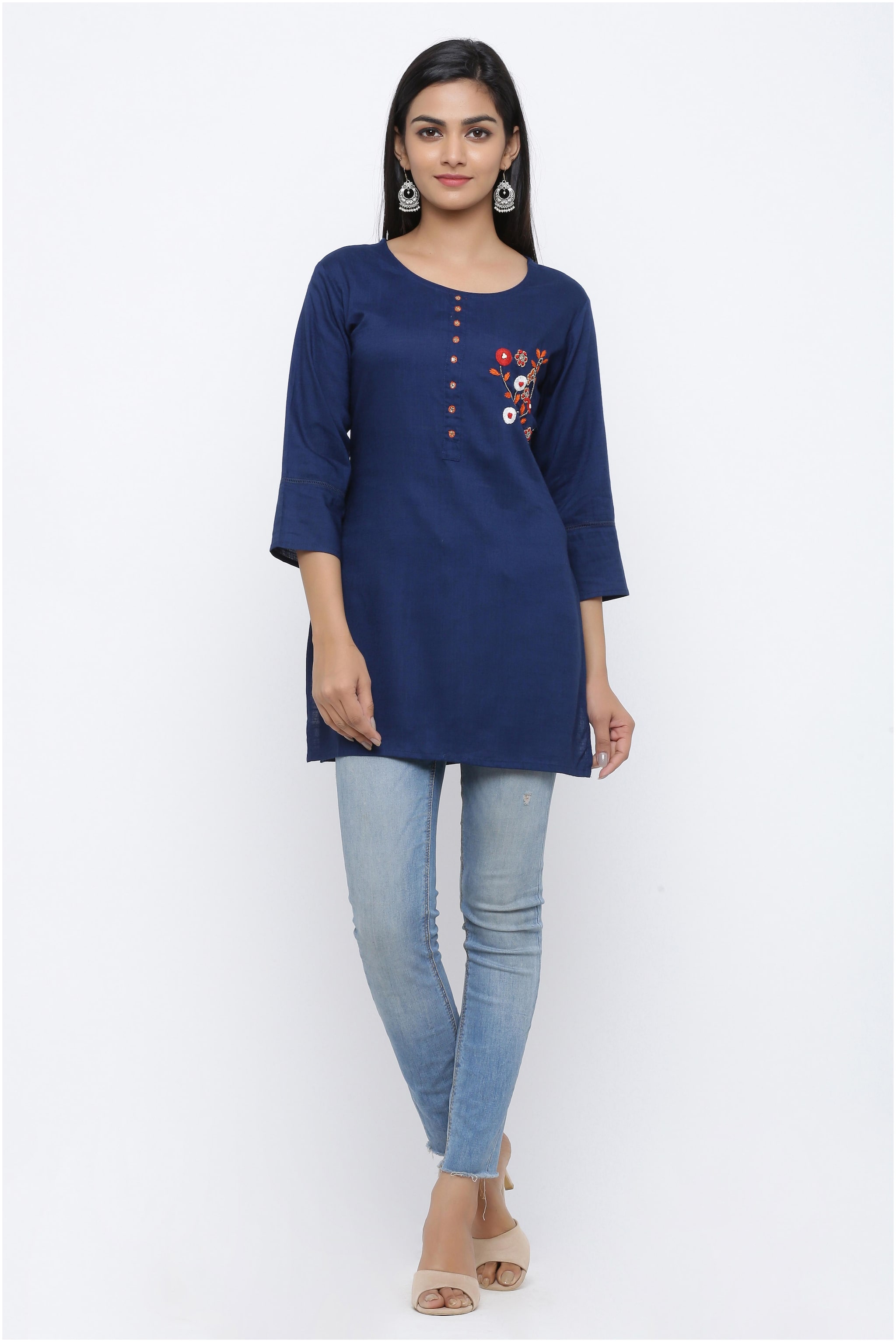 

KIPEK Women Navy Blue Embroidered Straight Kurti
