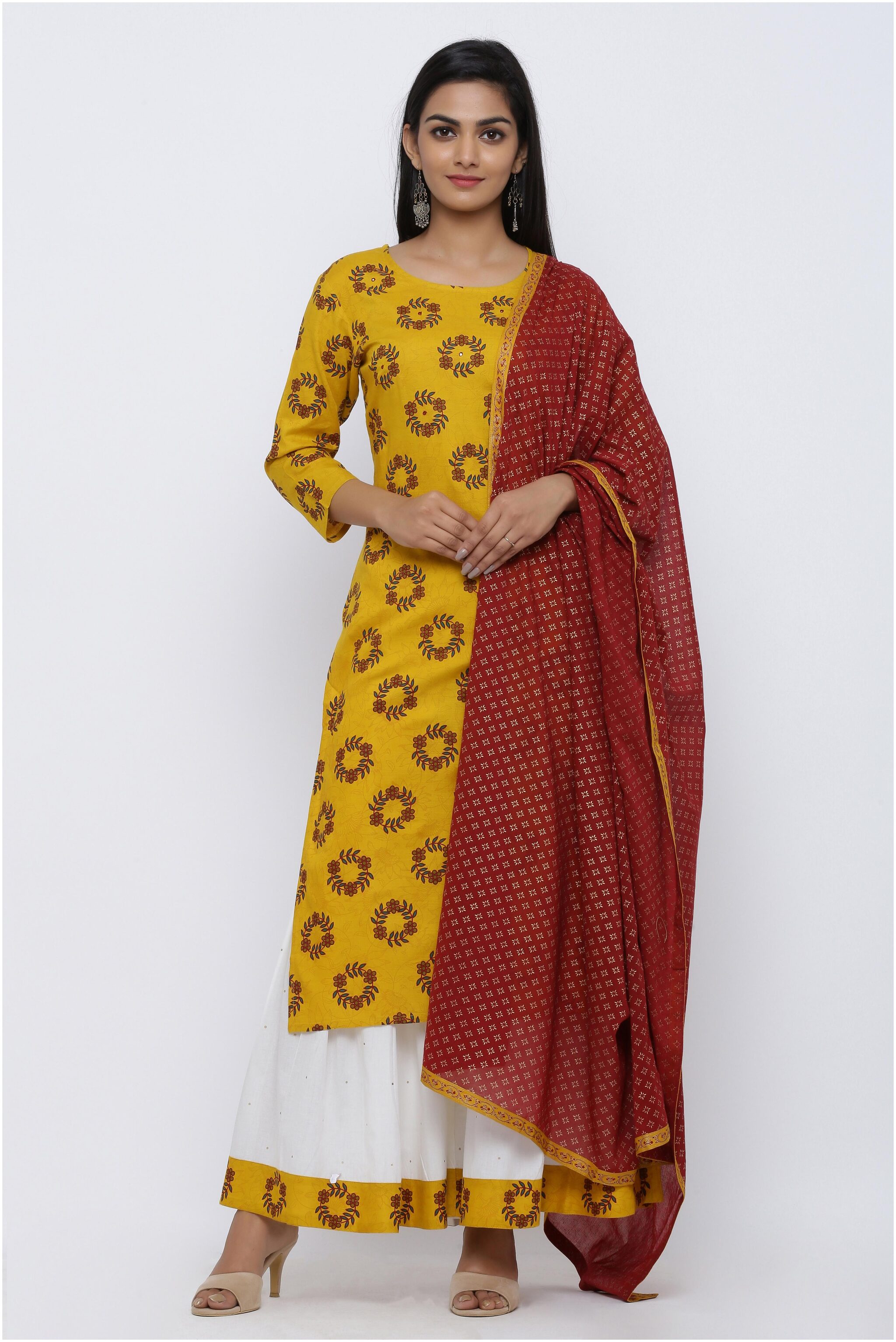

KIPEK Women Yellow Floral High Slit Kurta With Sharara And Dupatta