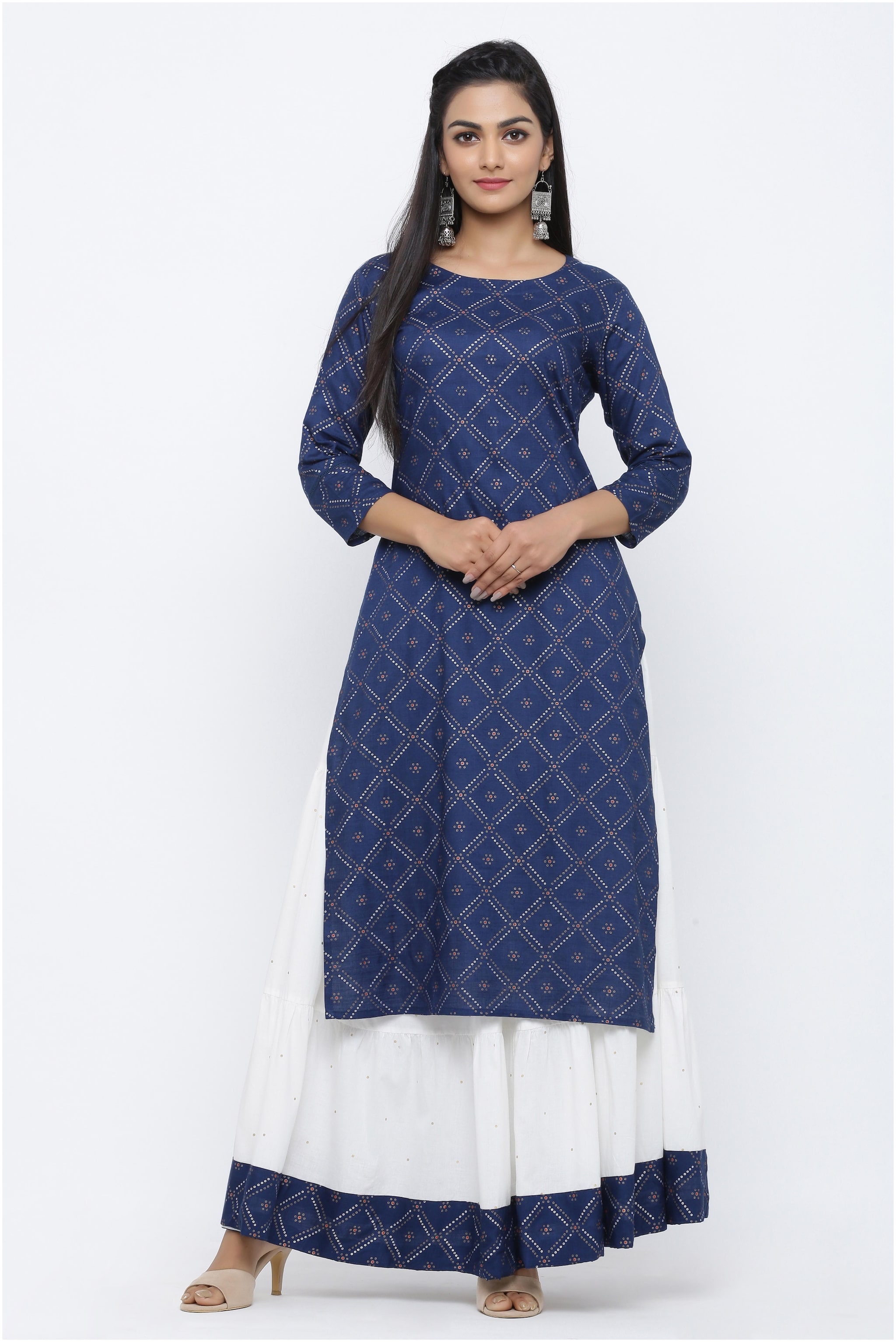 

KIPEK Women Navy Blue Bandhani High Slit Kurta With Skirt