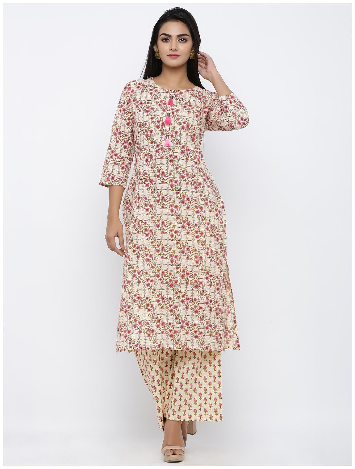 

KIPEK Women Beige Floral Straight Kurta With Palazzo