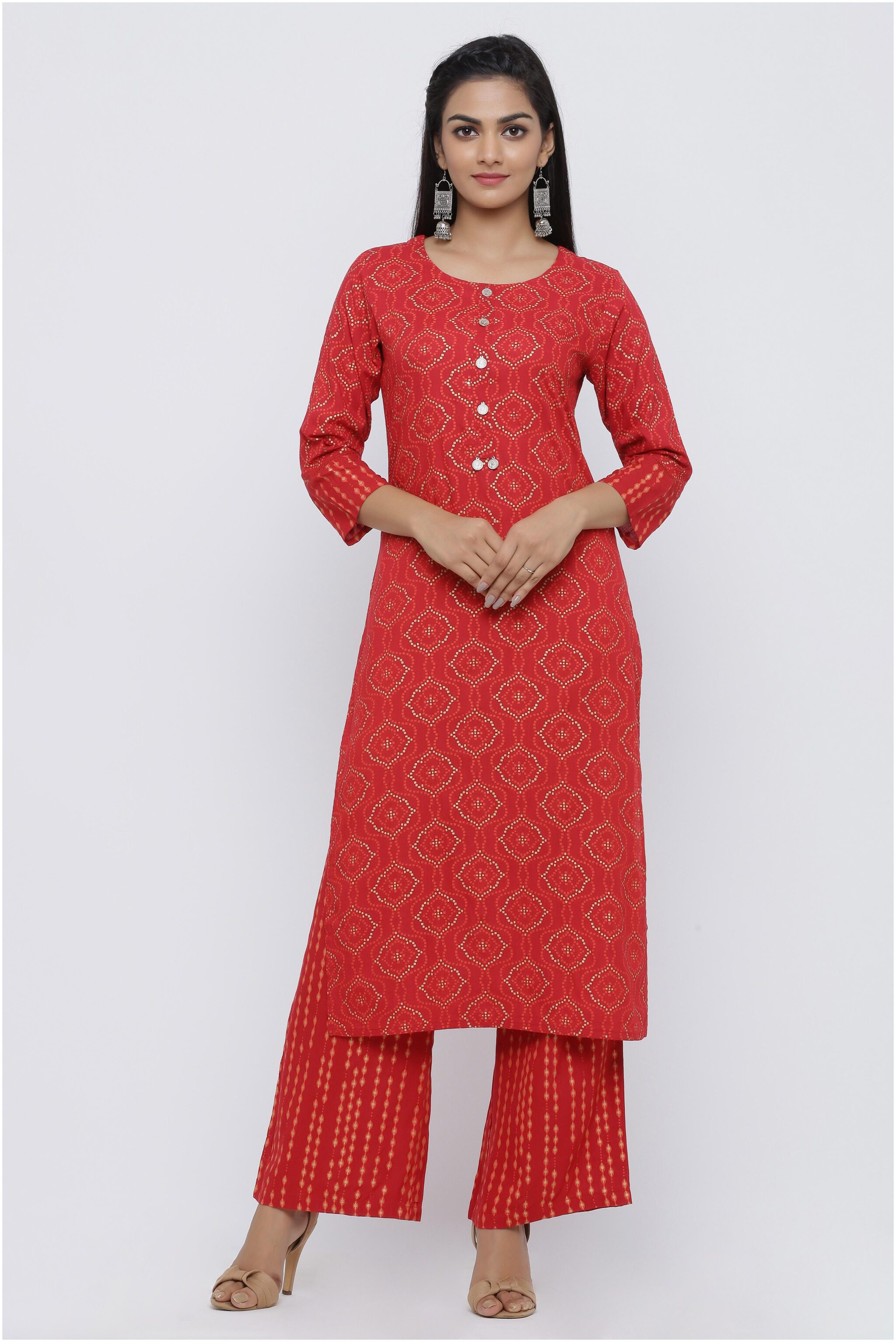 

KIPEK Women Red Printed High Slit Kurta With Palazzo