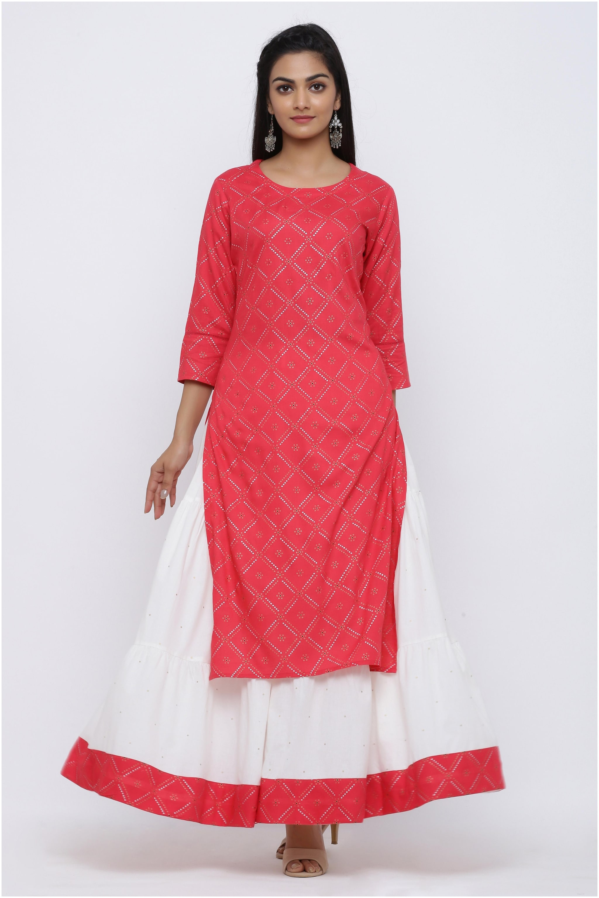 

KIPEK Women Pink Bandhani High Slit Kurta With Skirt