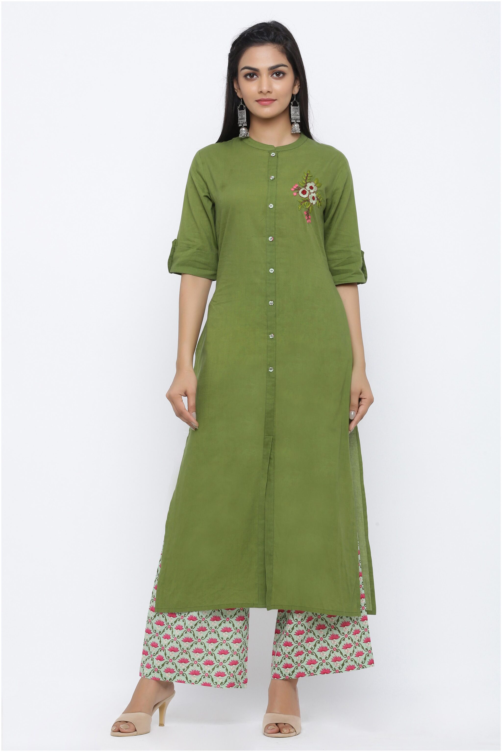 

KIPEK Women Cotton Embroidered Green Kurta With Palazzo