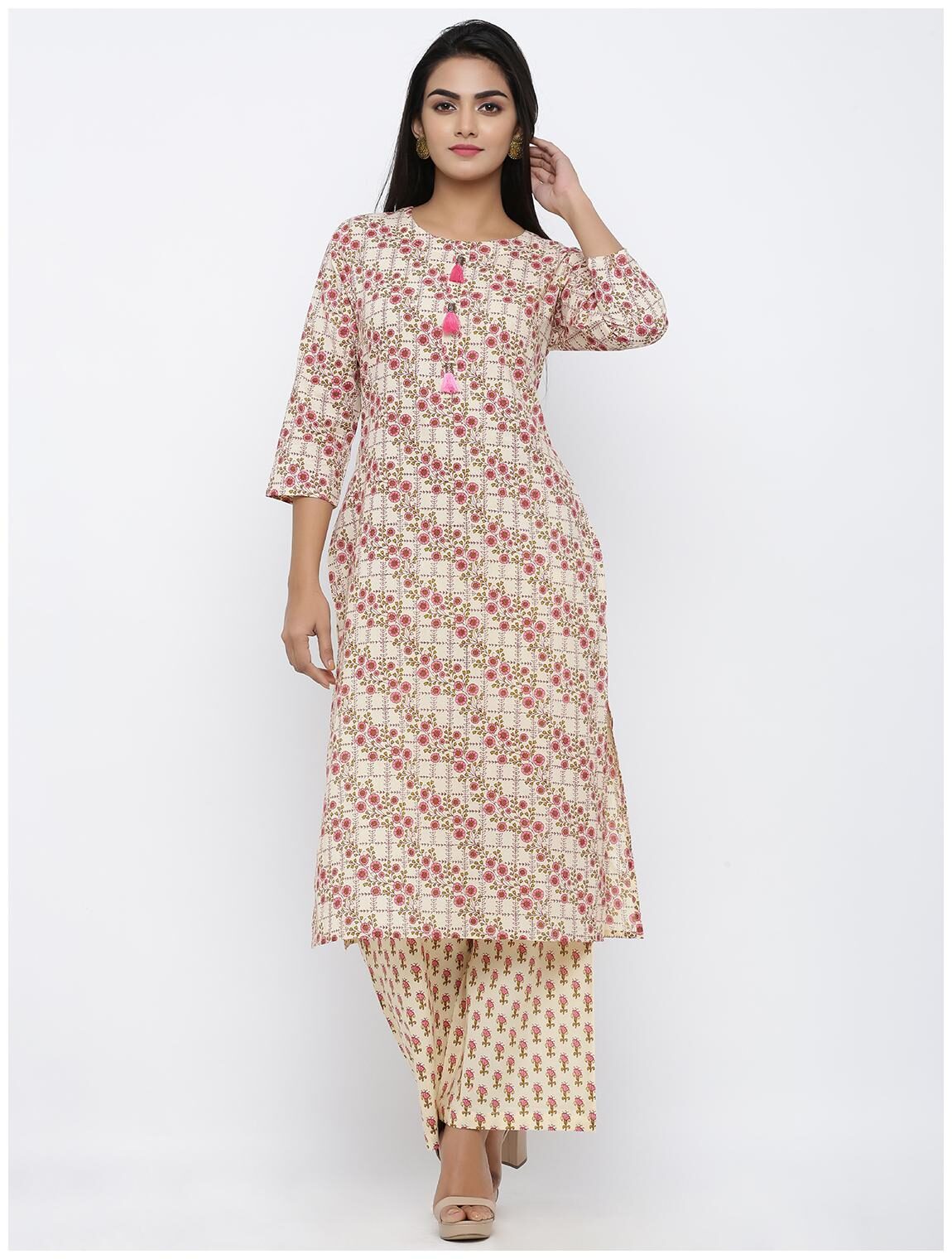 

KIPEK Women Beige Floral Straight Kurta With Palazzo