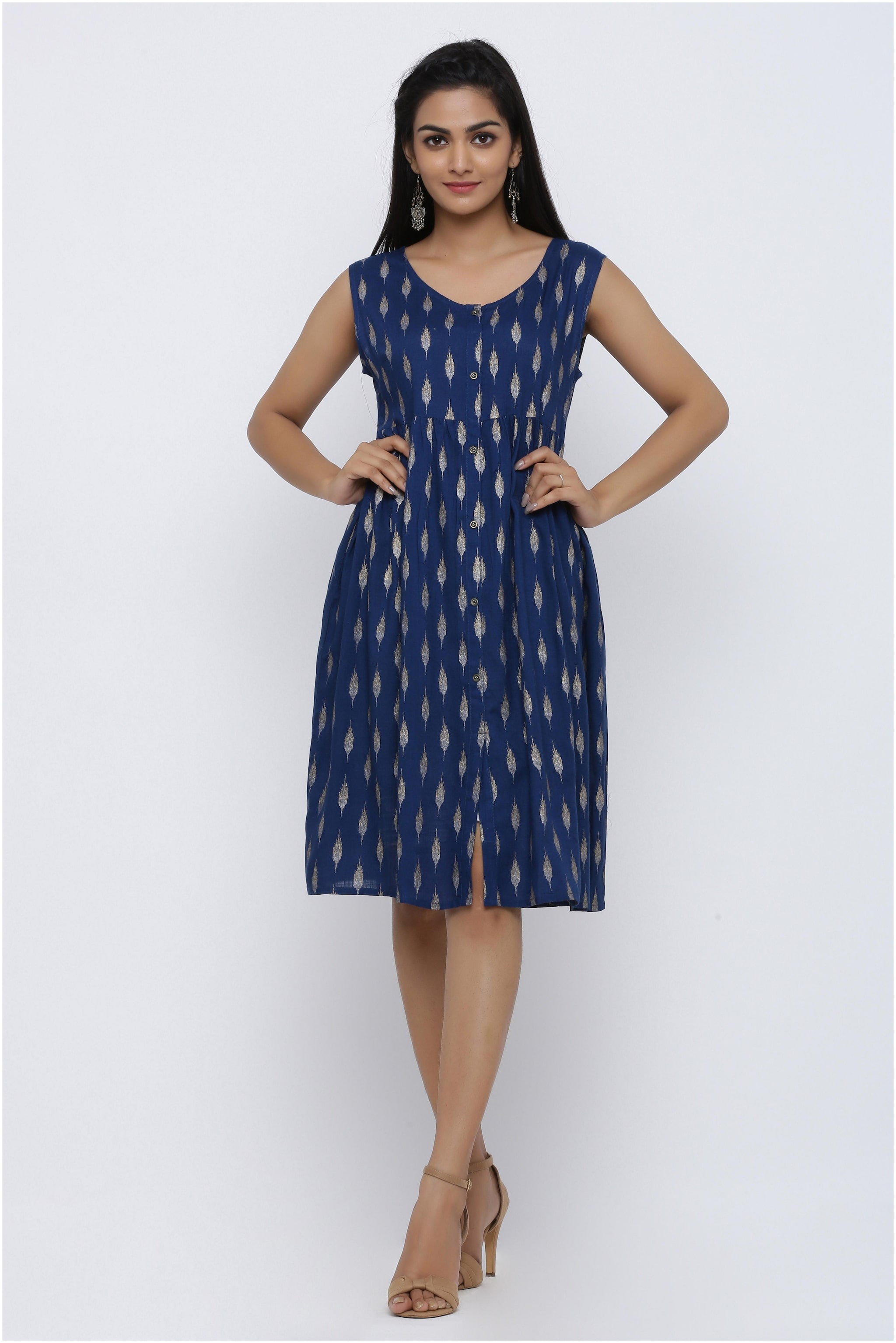 

KIPEK Women Viscose Rayon Printed Navy Blue A Line Dress