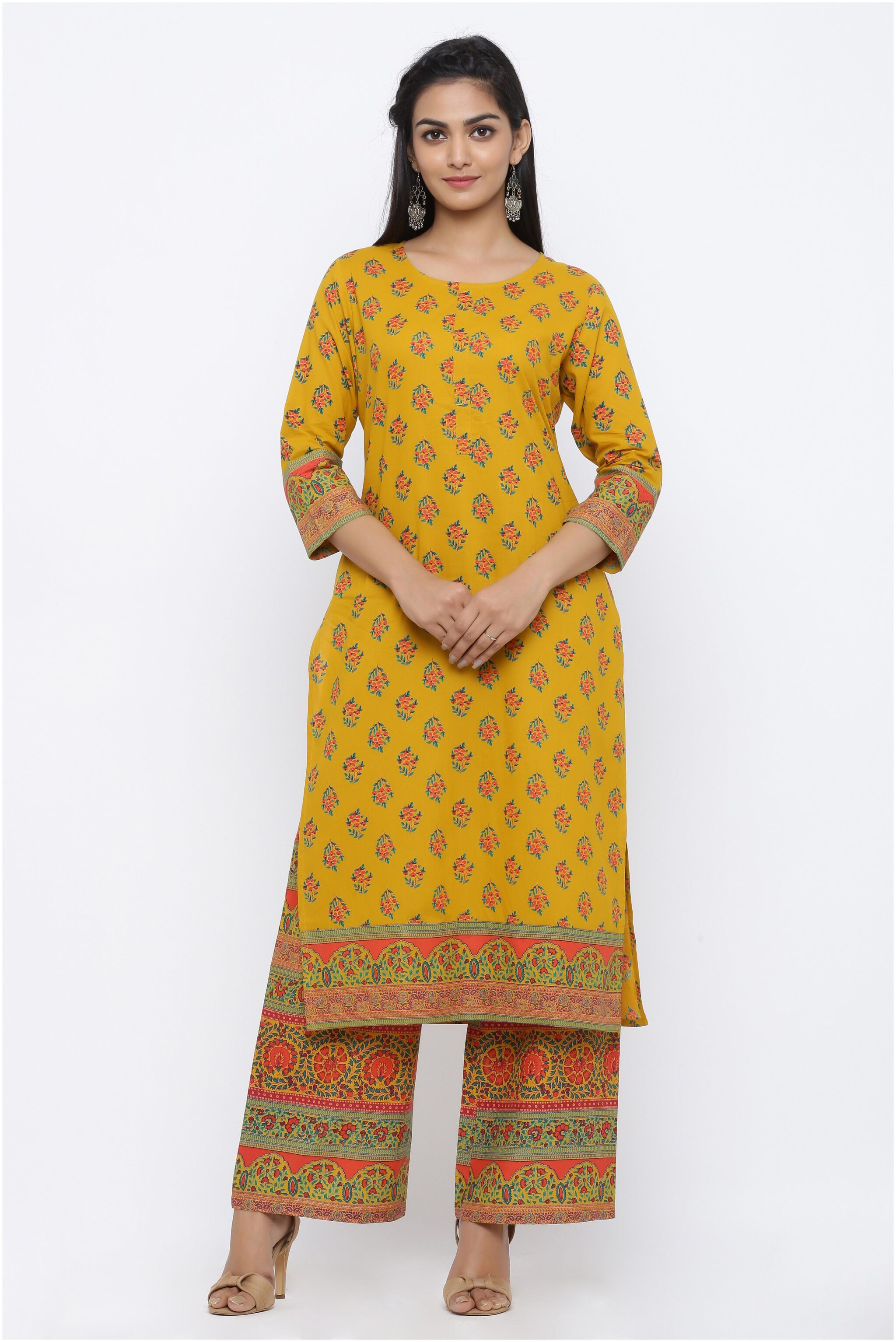 

KIPEK Women Yellow Floral High Slit Kurta With Palazzo