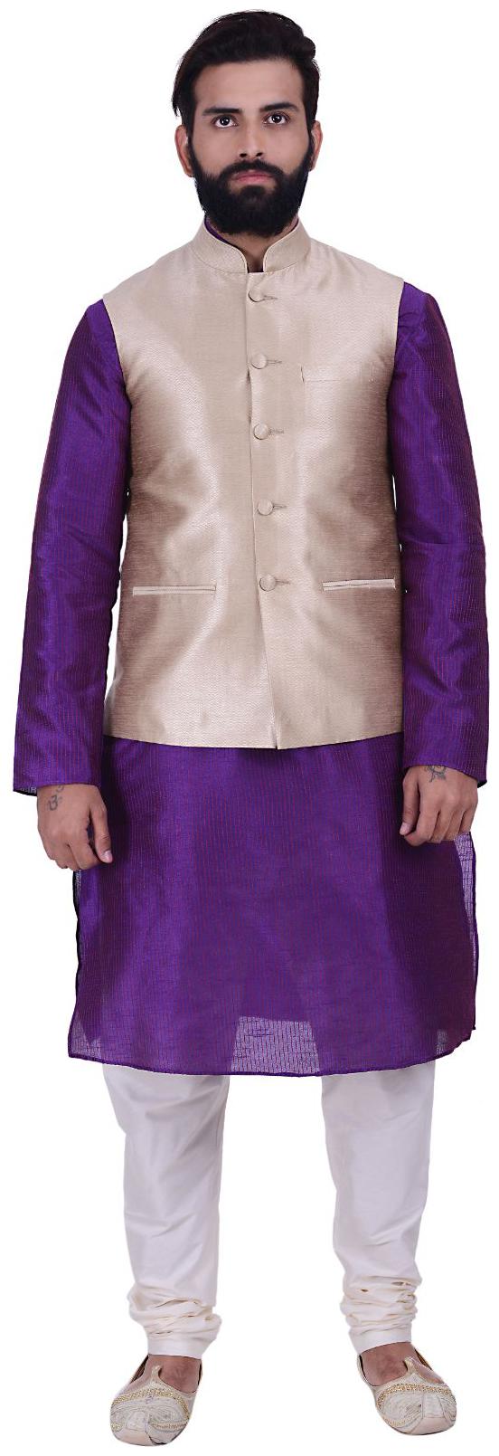 

Kisah Beige Purple Color Jaquard Kurta And Churidar With Ethnic Jacket