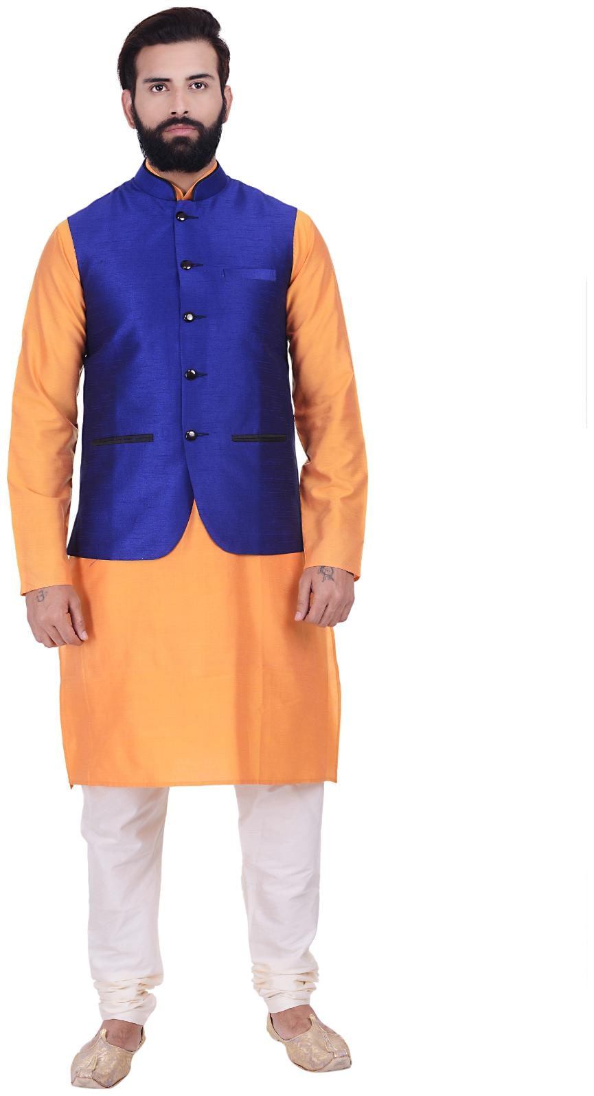 

Kisah Cotton Silk Royal Blue Yellow Men s Kurta Churidar And Jacket Set