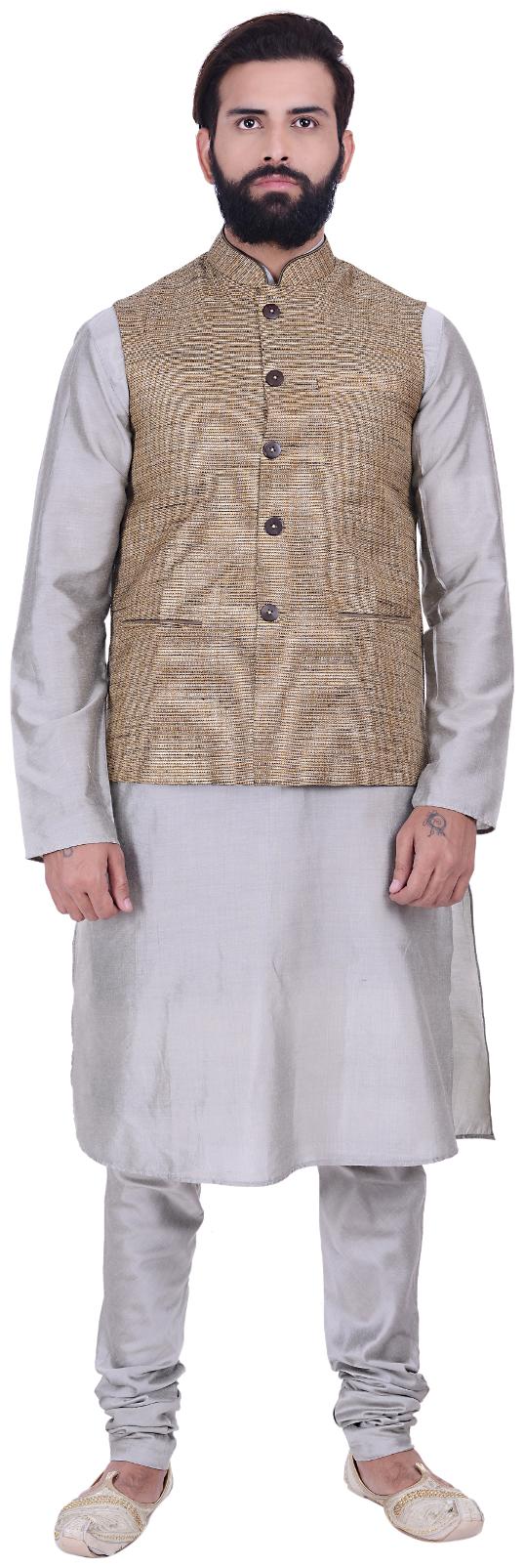

Kisah Cotton Silk Brown Gray Men s Kurta Churidar And Jacket Set