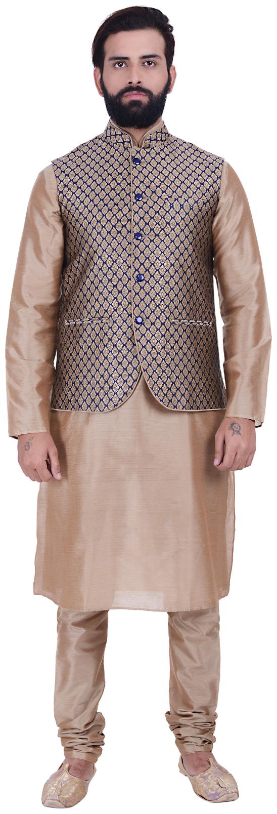 

Kisah Cotton Silk Beige Blue Brown Men s Kurta Churidar And Jacket Set