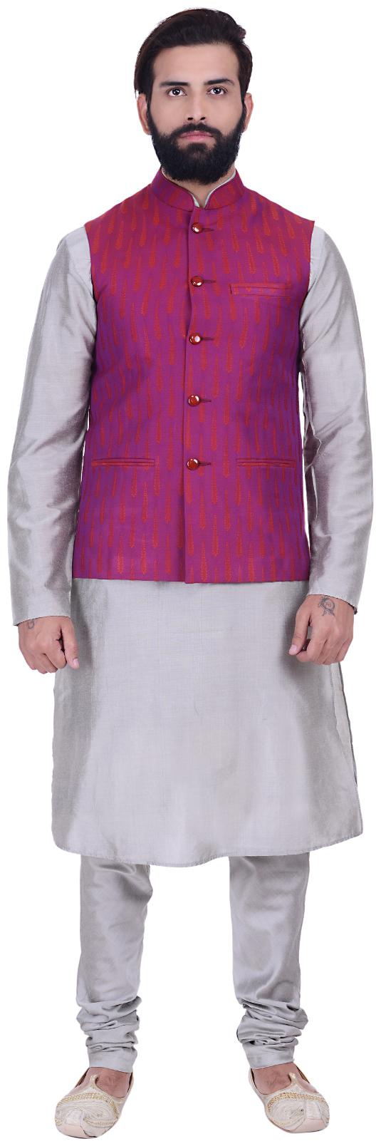 

Kisah Cotton Silk Magenta Gray Men s Kurta Churidar And Jacket Set